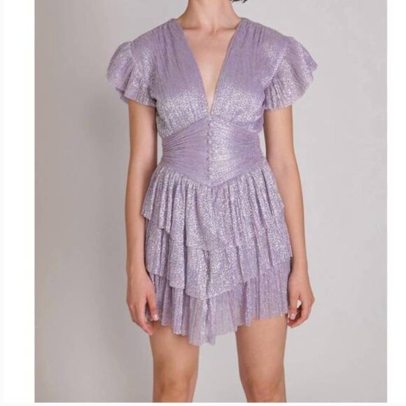 Sabina Musayev Devon Dress Mini Short Sleeve Metallic Lilac Purple New Size XS - Picture 1 of 11